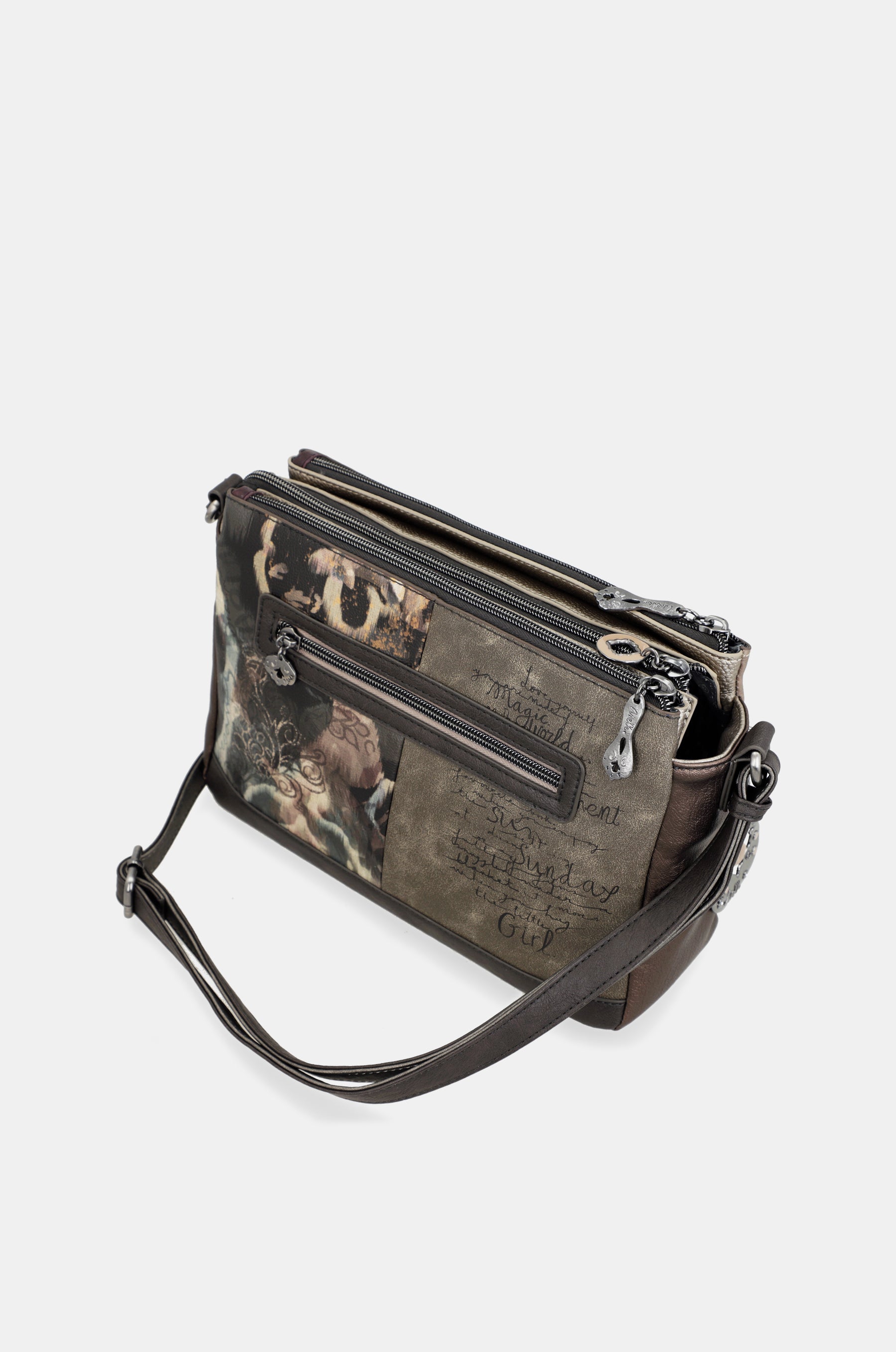 Real 3-compartment printed crossbody bag