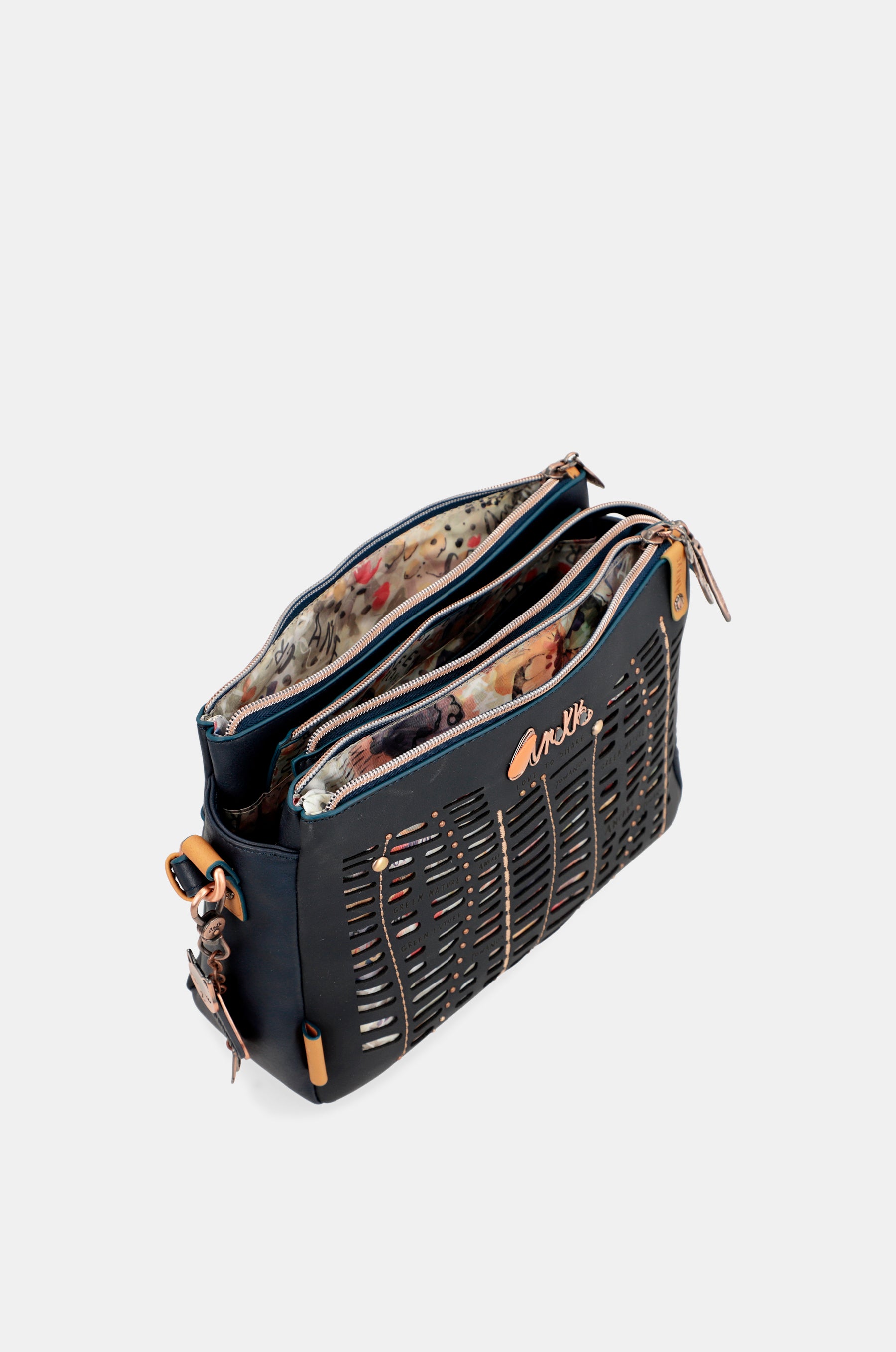 Nature Pachamama navy blue crossbody bag with three compartments