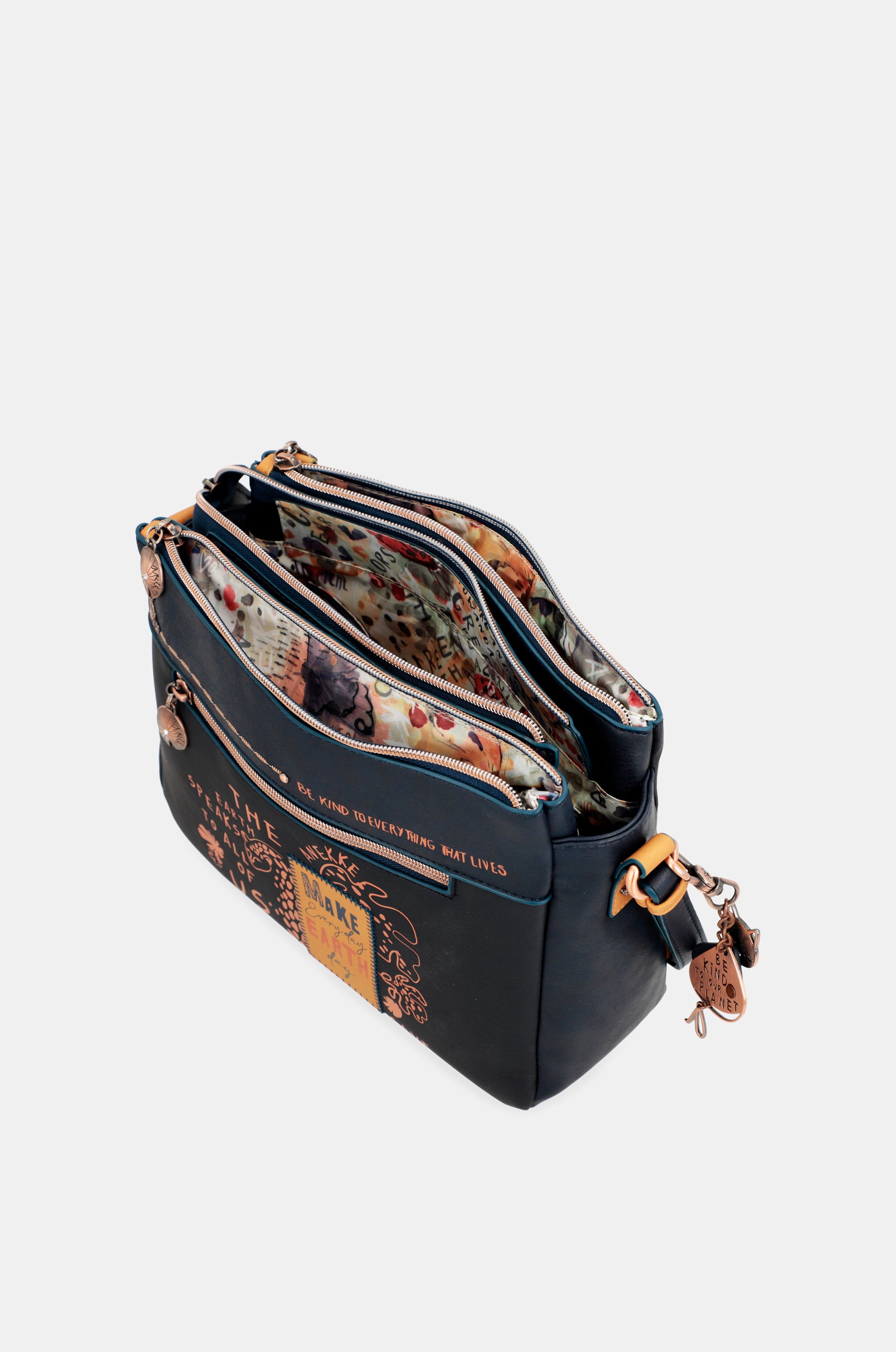 Nature Pachamama navy blue crossbody bag with three compartments