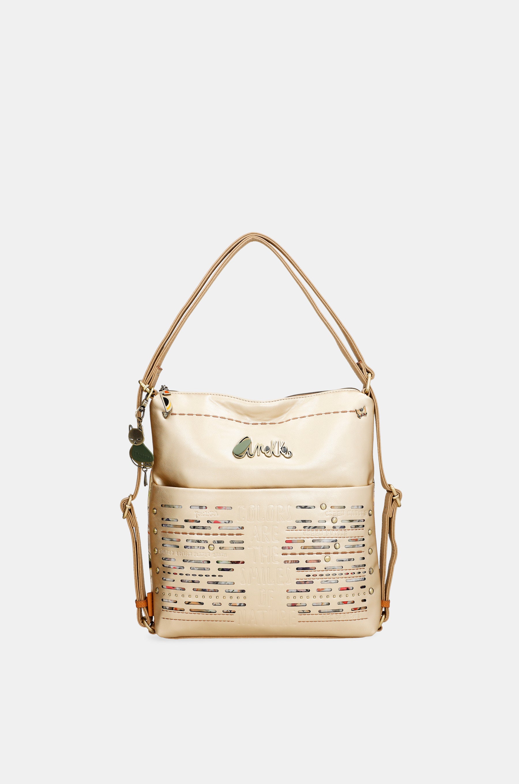 Nature Pachamama convertible golden bag into a rucksack