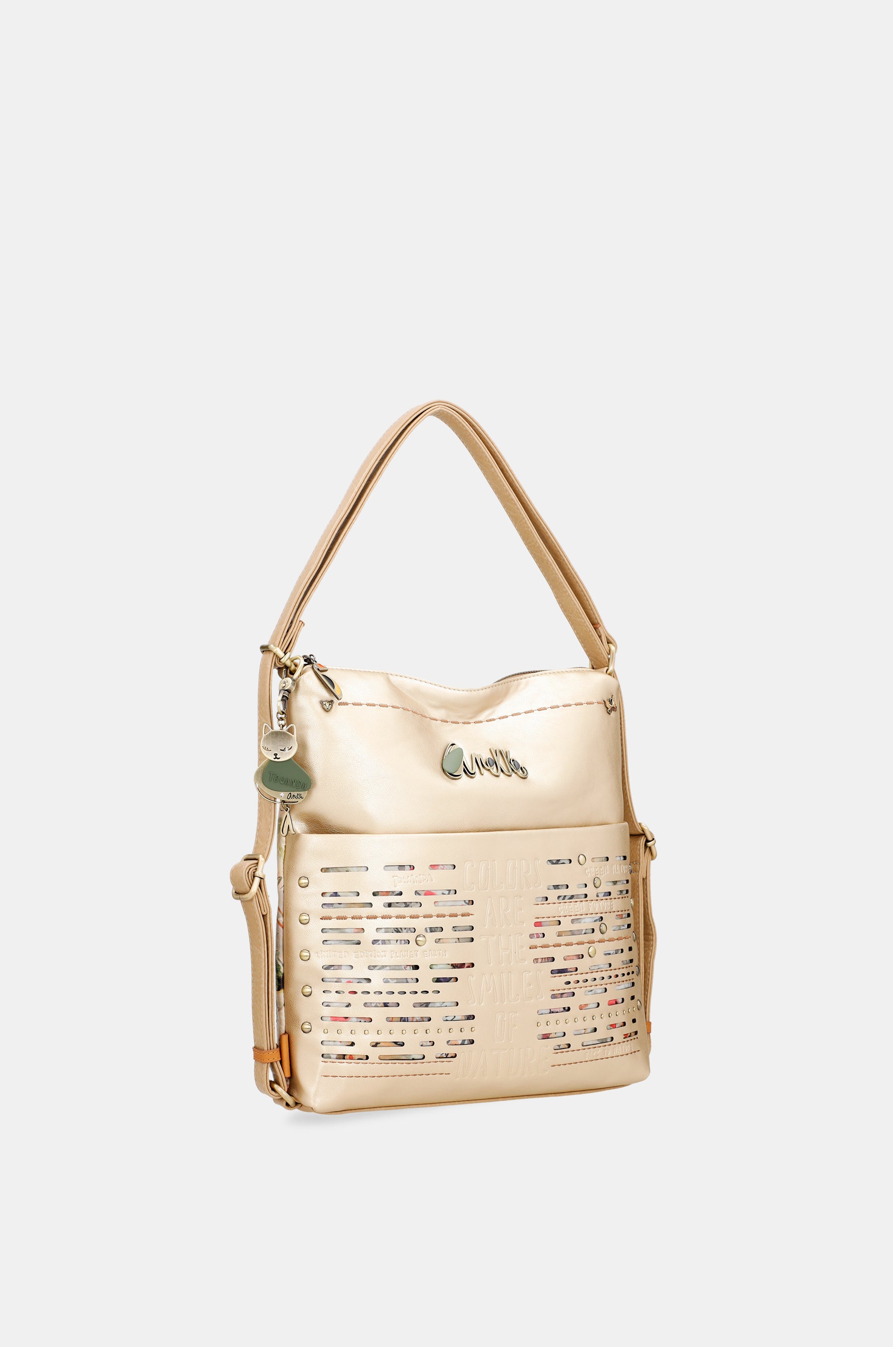 Nature Pachamama convertible golden bag into a rucksack