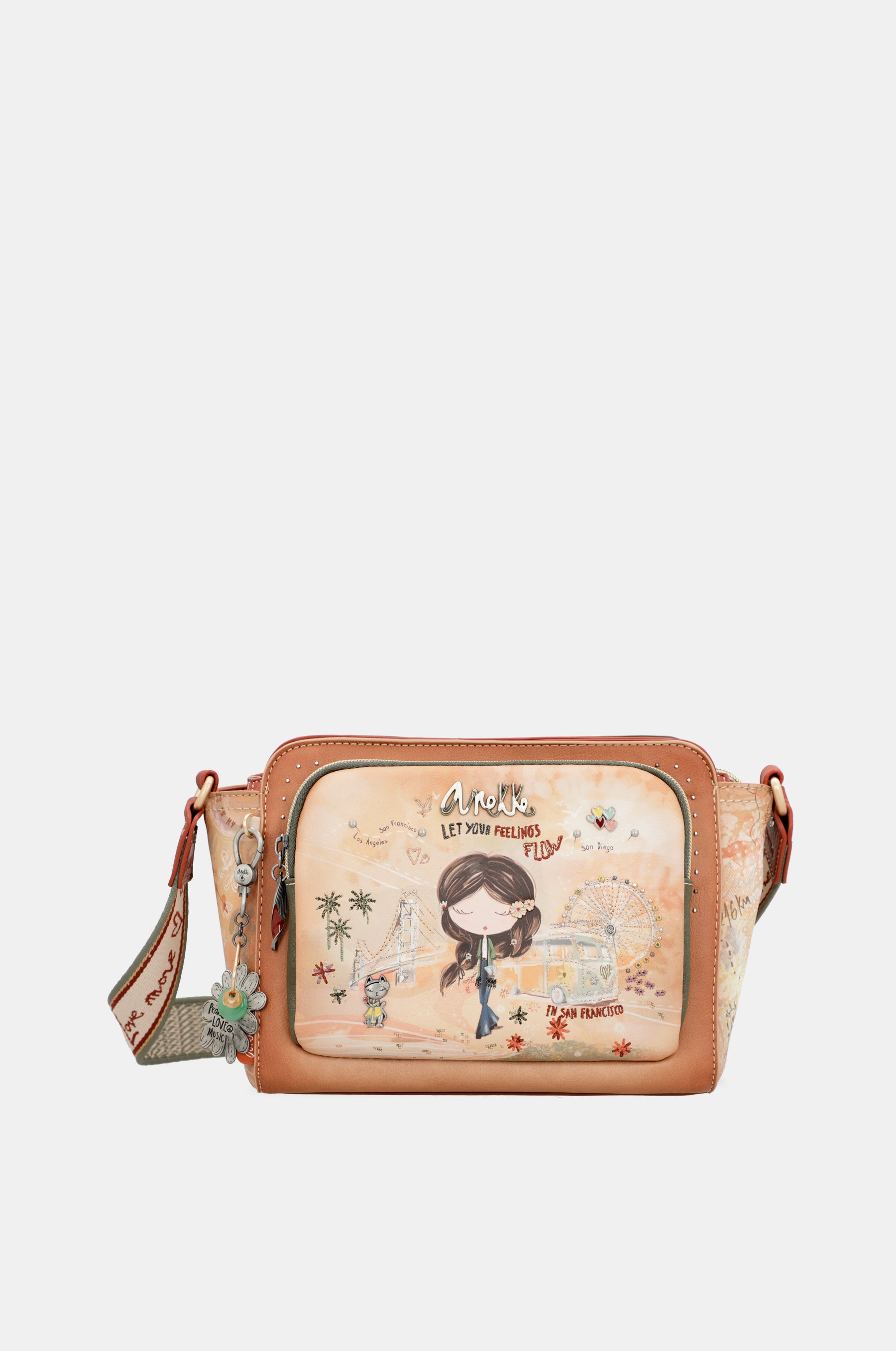 Peace Love camel rectangular crossbody bag