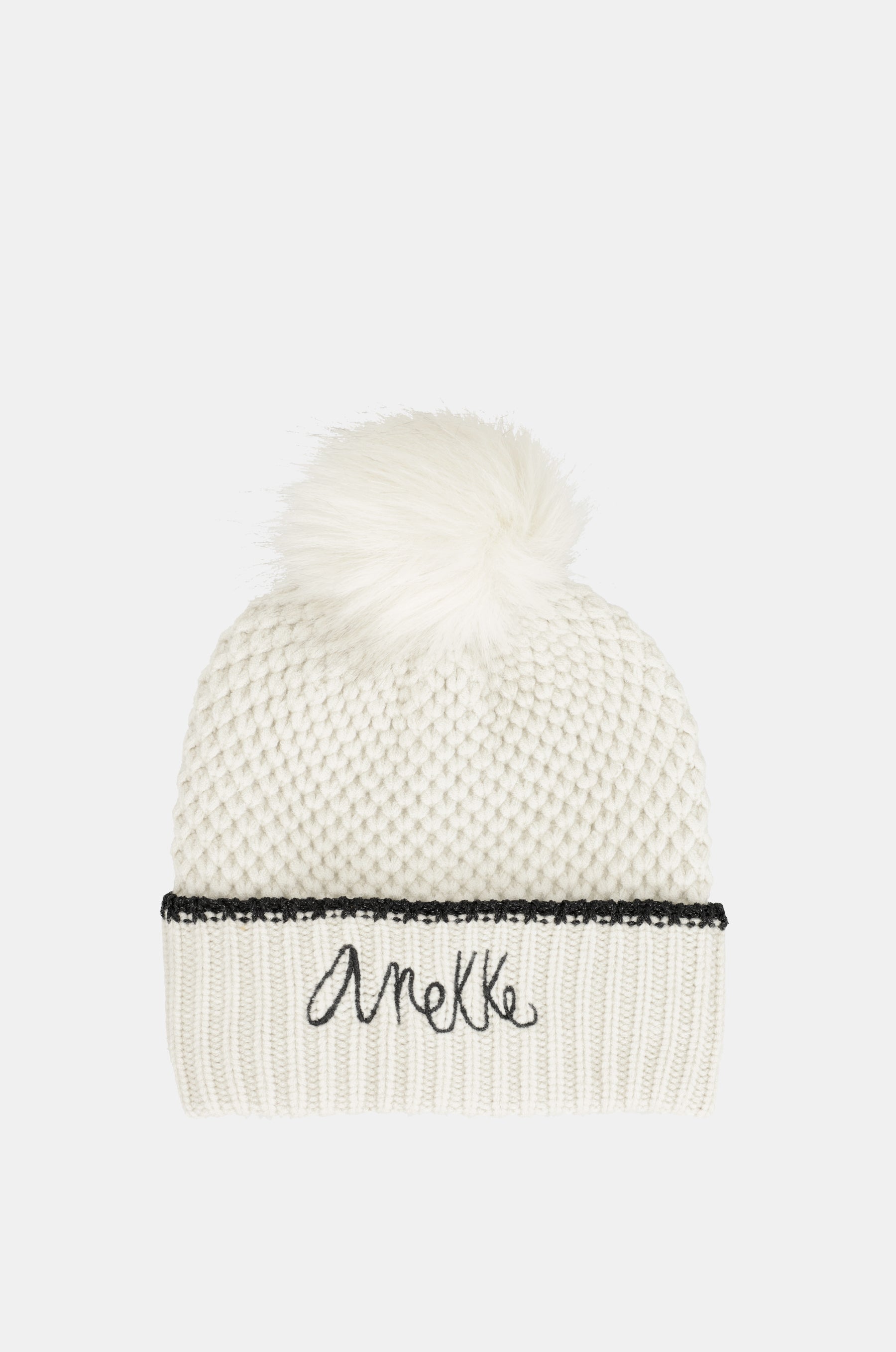 Beige knitted beanie with pompom