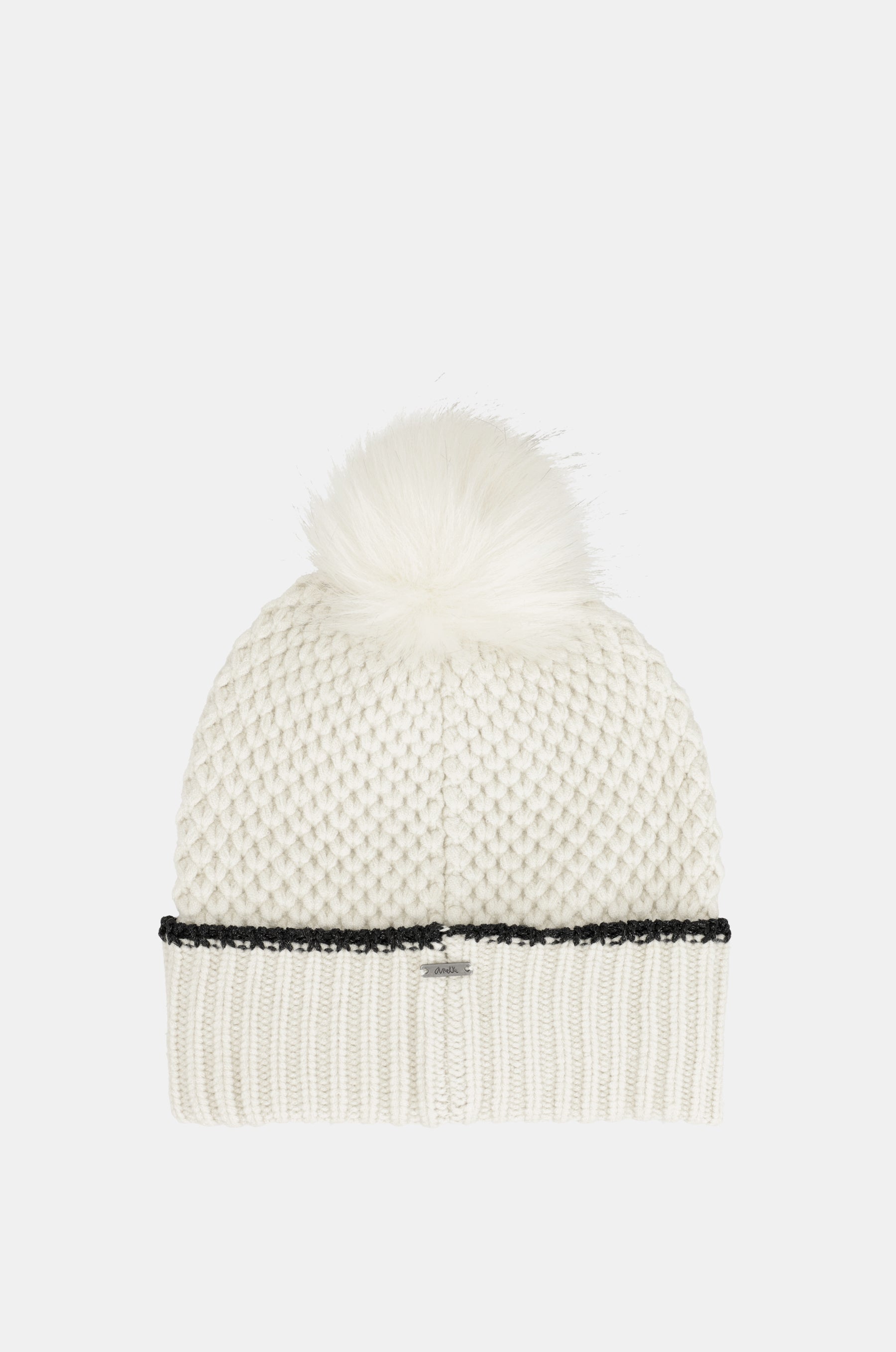 Beige knitted beanie with pompom