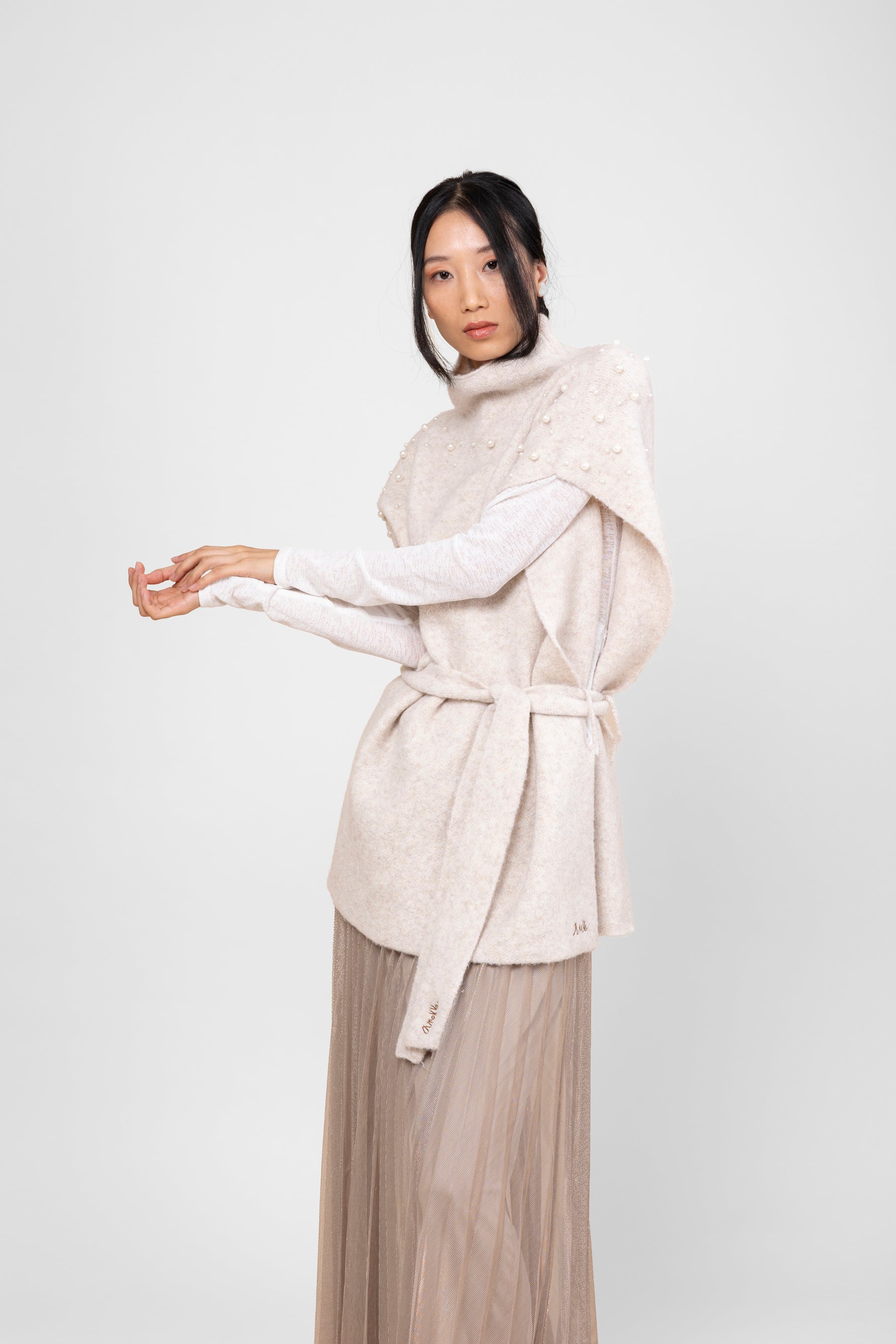 Off-white turtleneck poncho with belt - Main Image