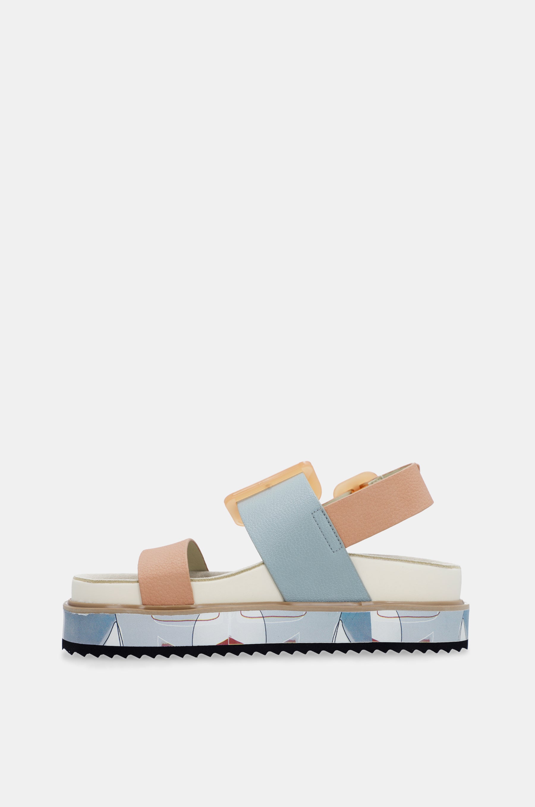 Blue and pink-orange platform sandals