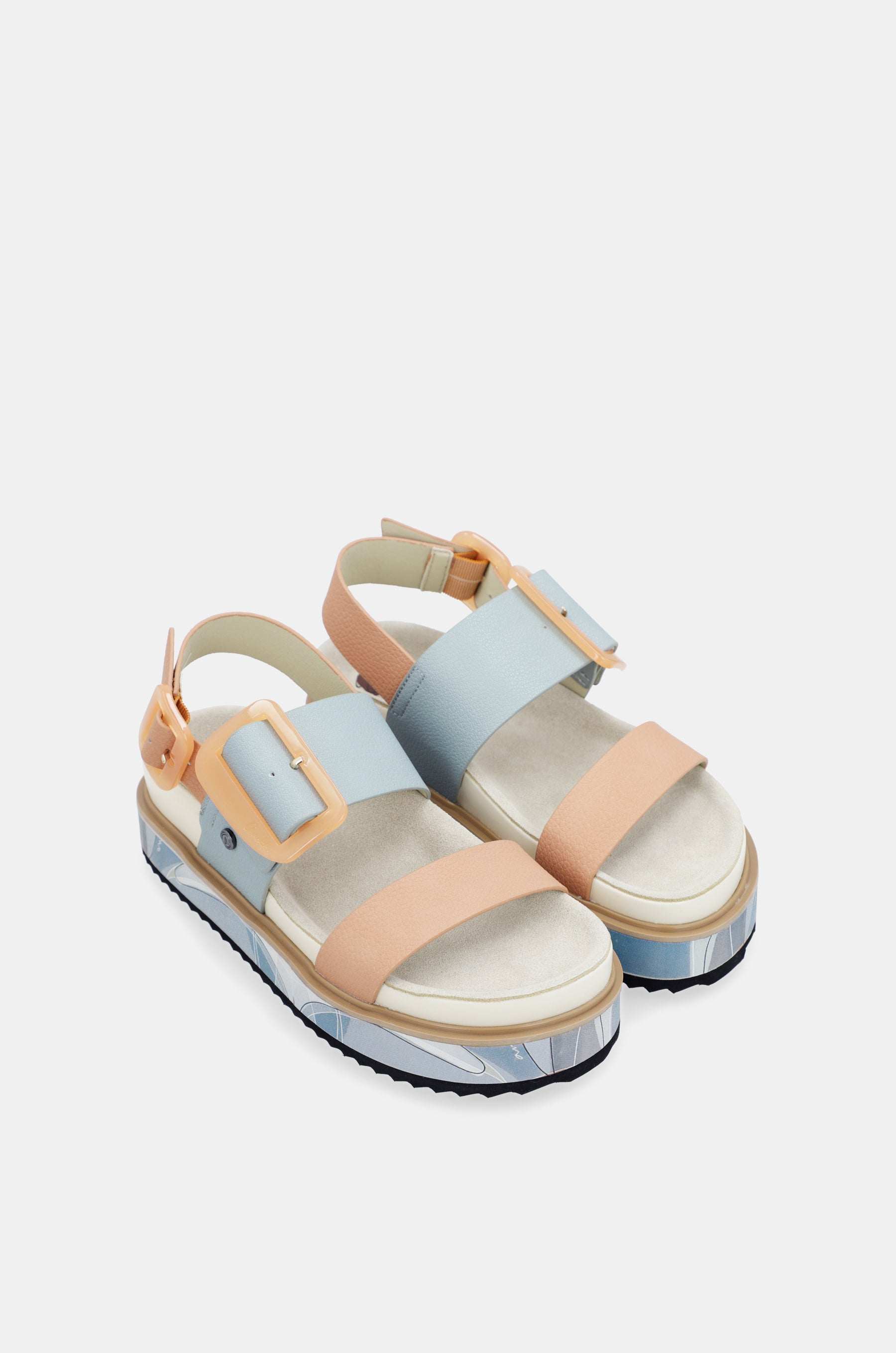 Blue and pink-orange platform sandals