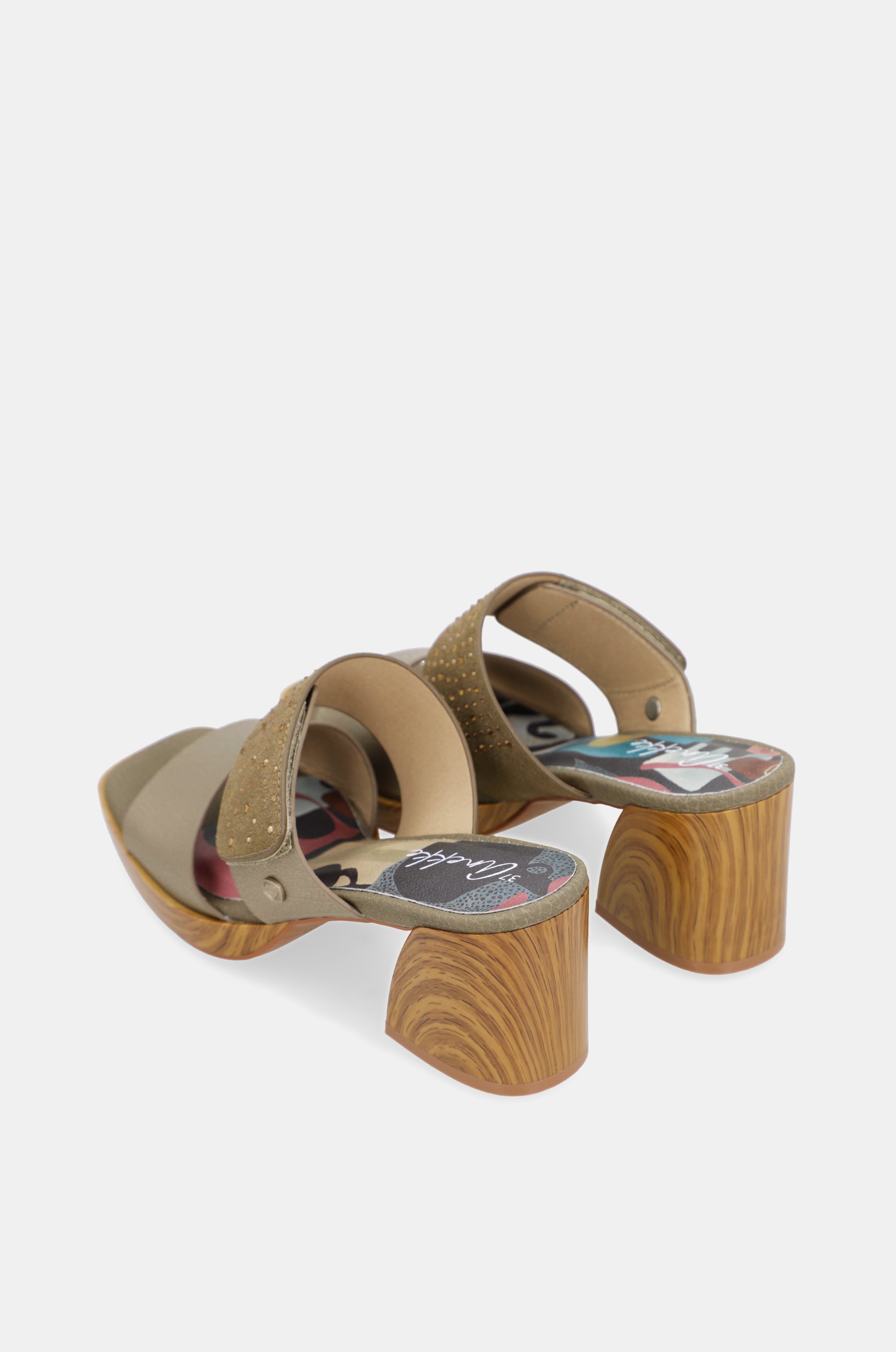 Green and gold heeled sandals with rhinestones