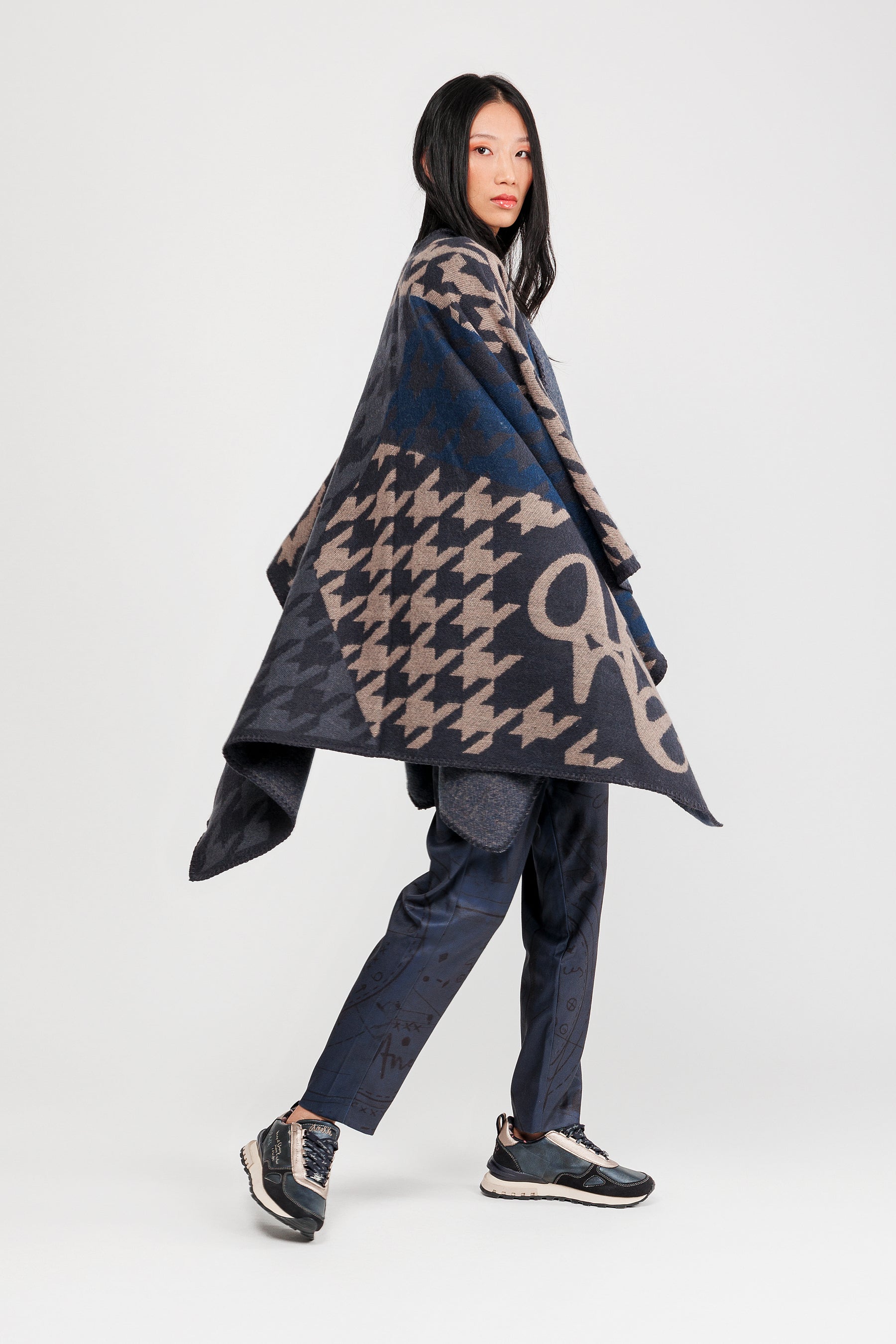 Blue & beige poncho