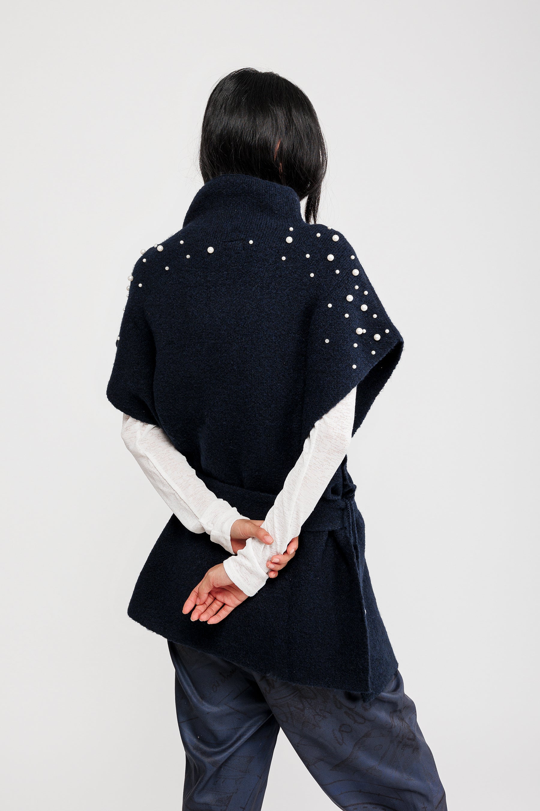 Blue belted turtleneck poncho