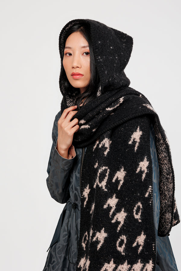 Black & beige hooded scarf