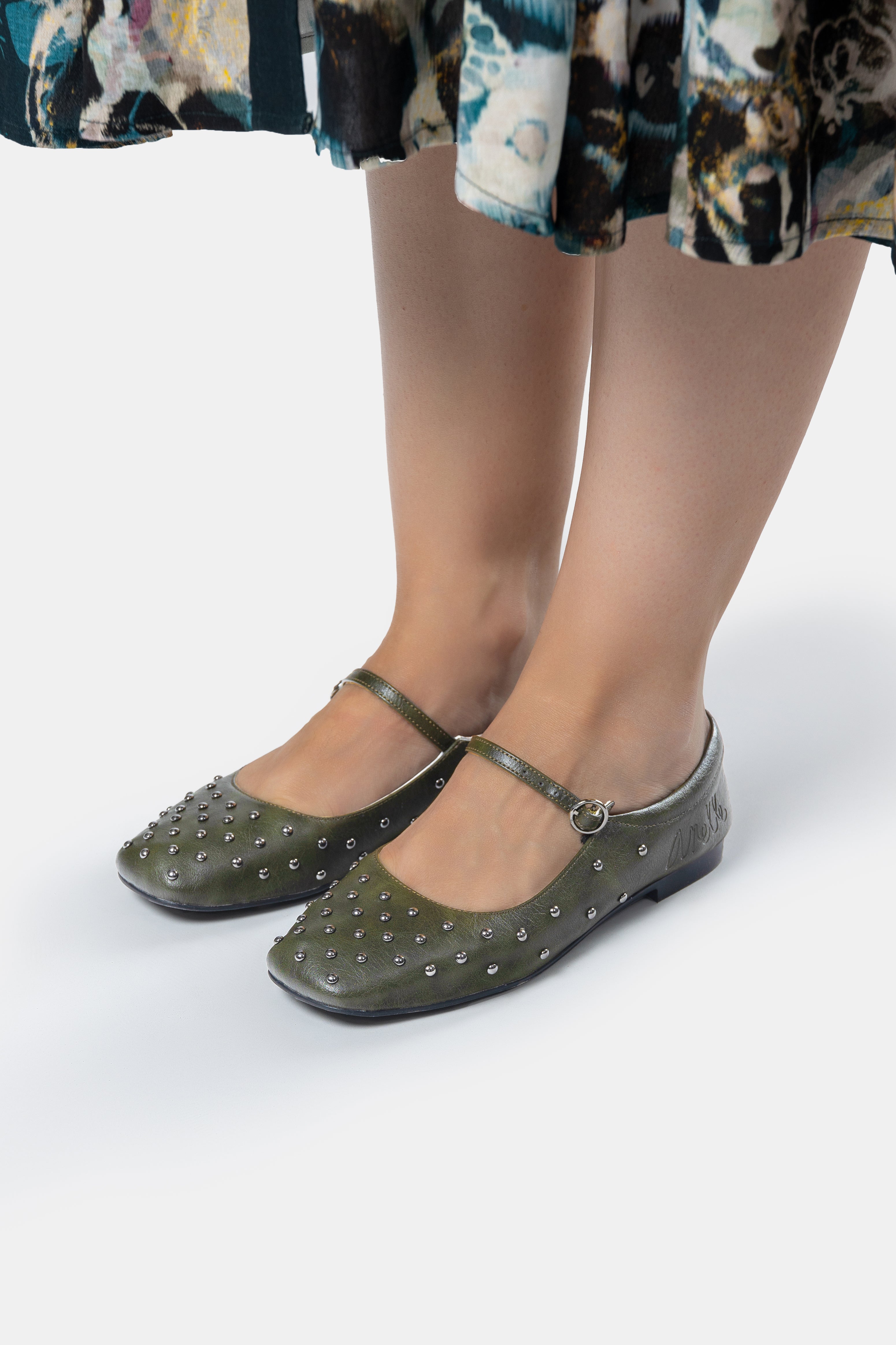 Khaki green studded ballerinas
