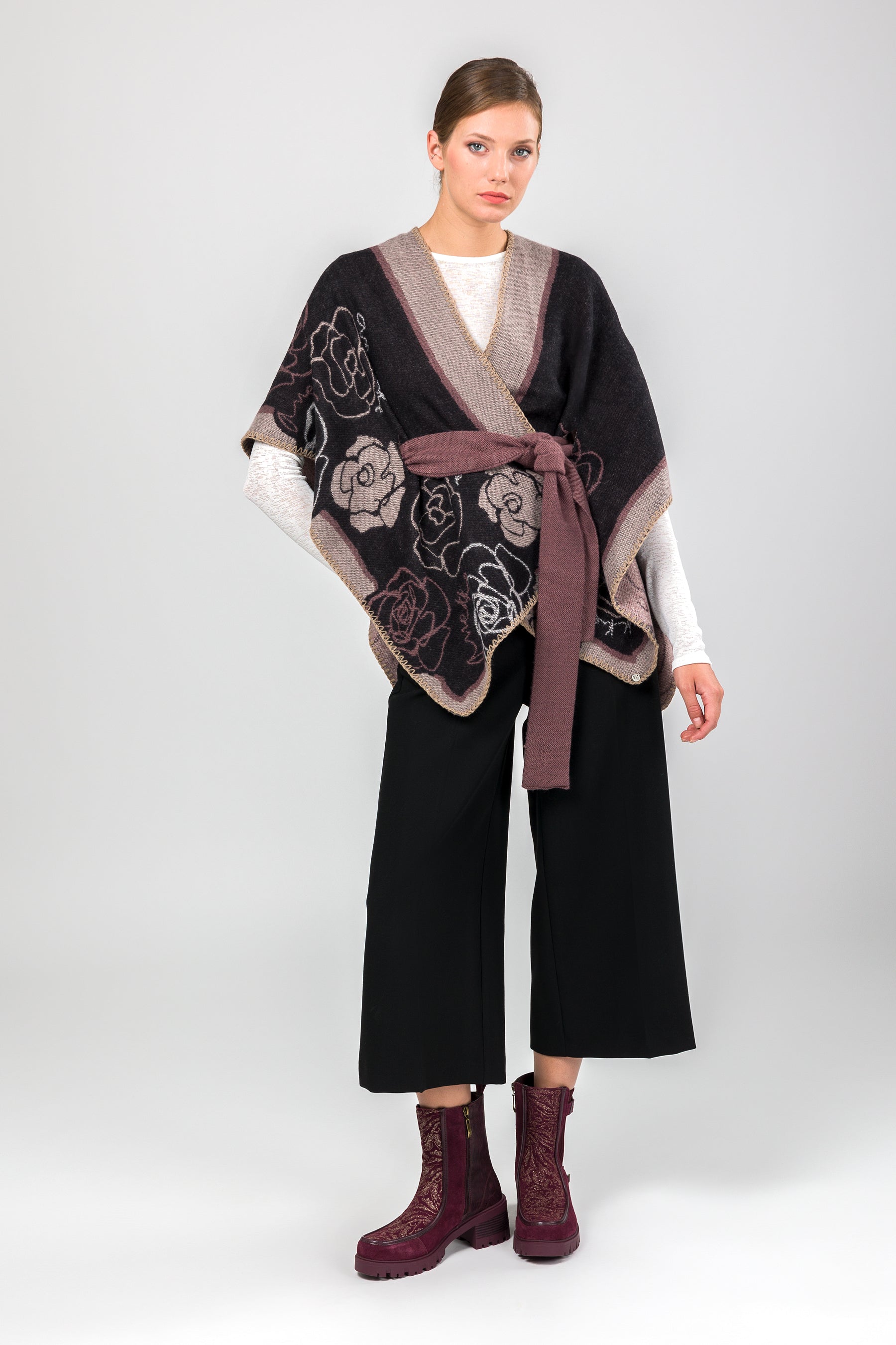 Pink & black belted poncho