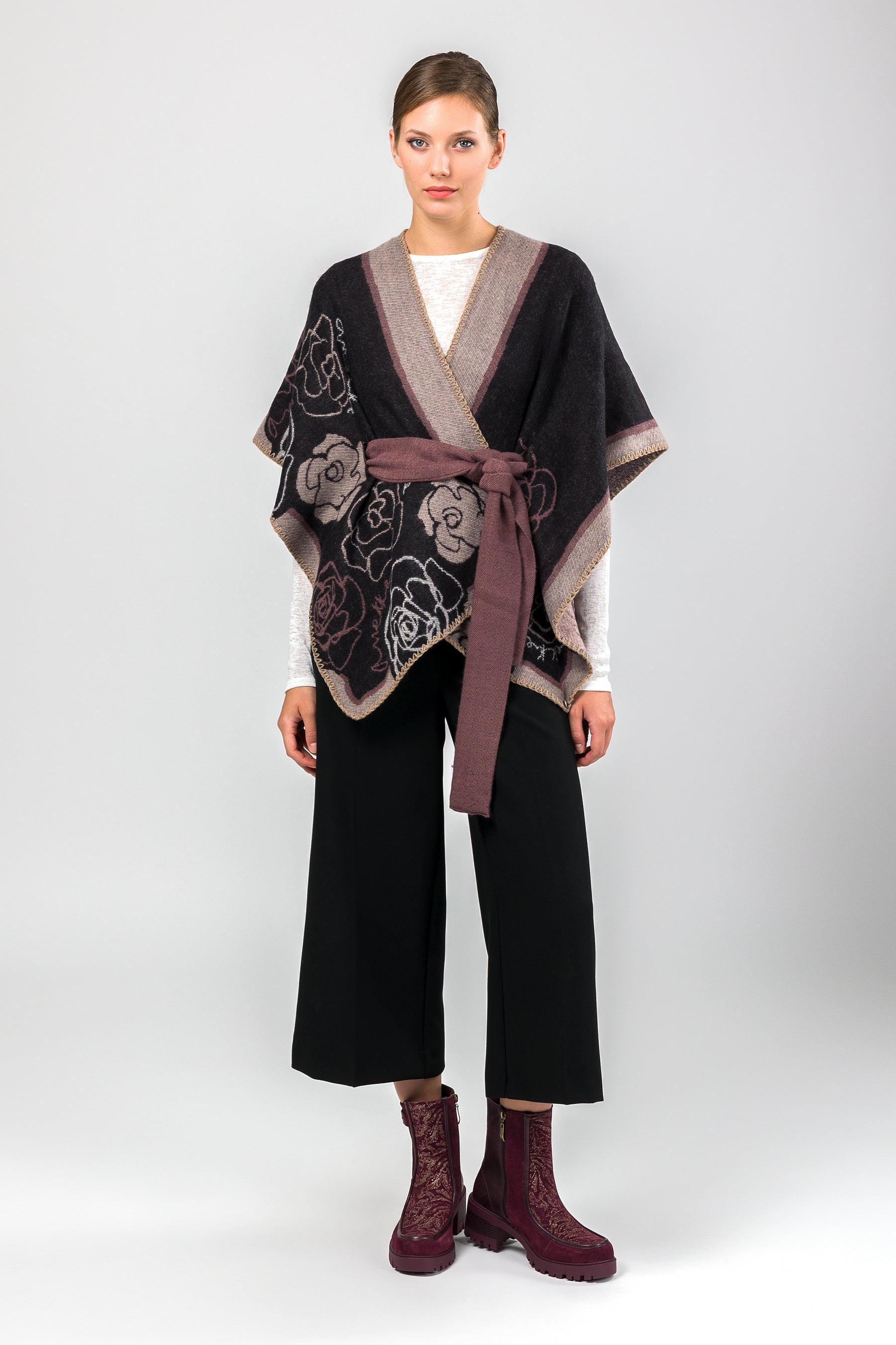 Pink & black belted poncho