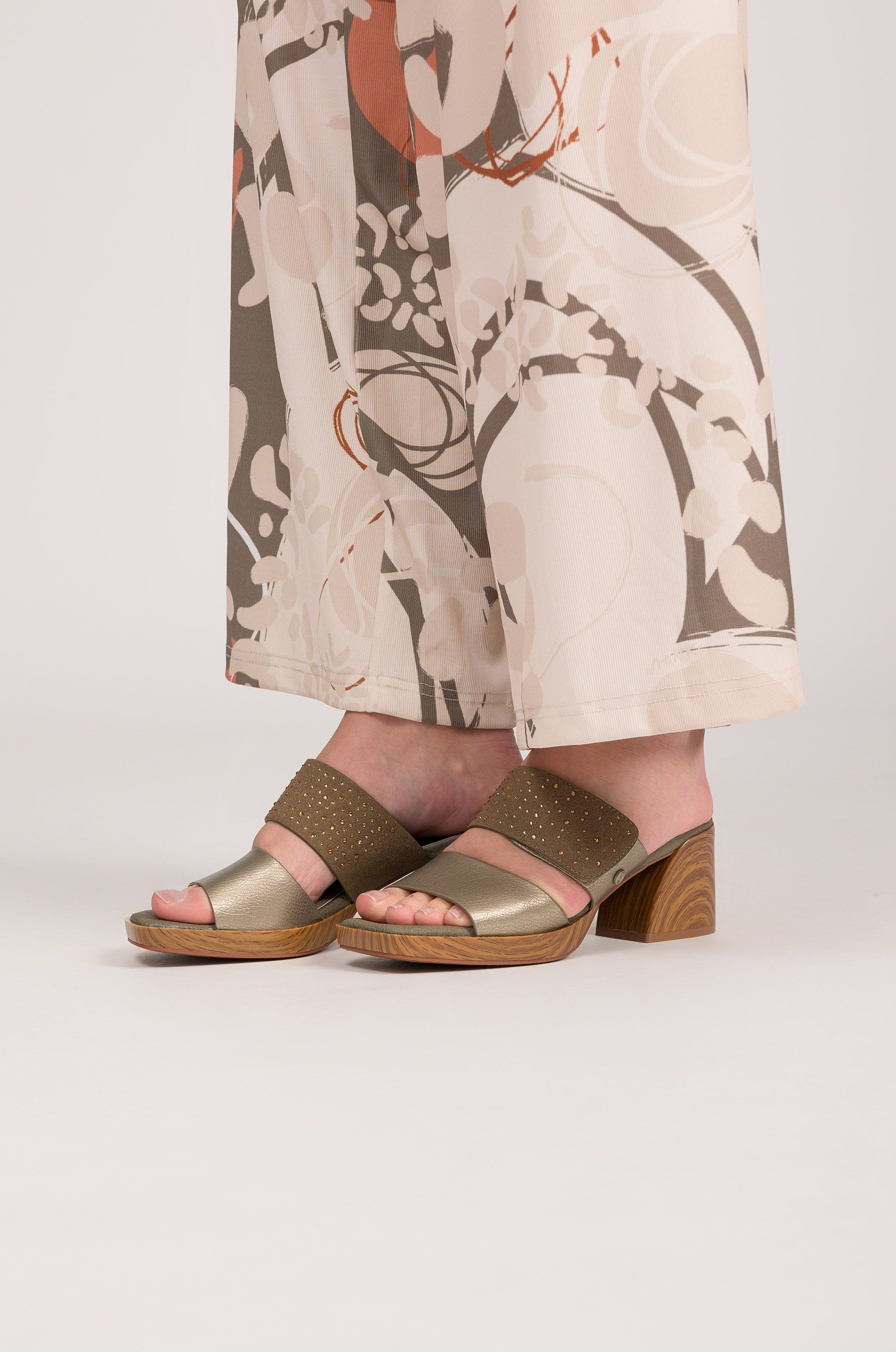 Green and gold heeled sandals with rhinestones