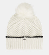 Beige knitted beanie with pompom