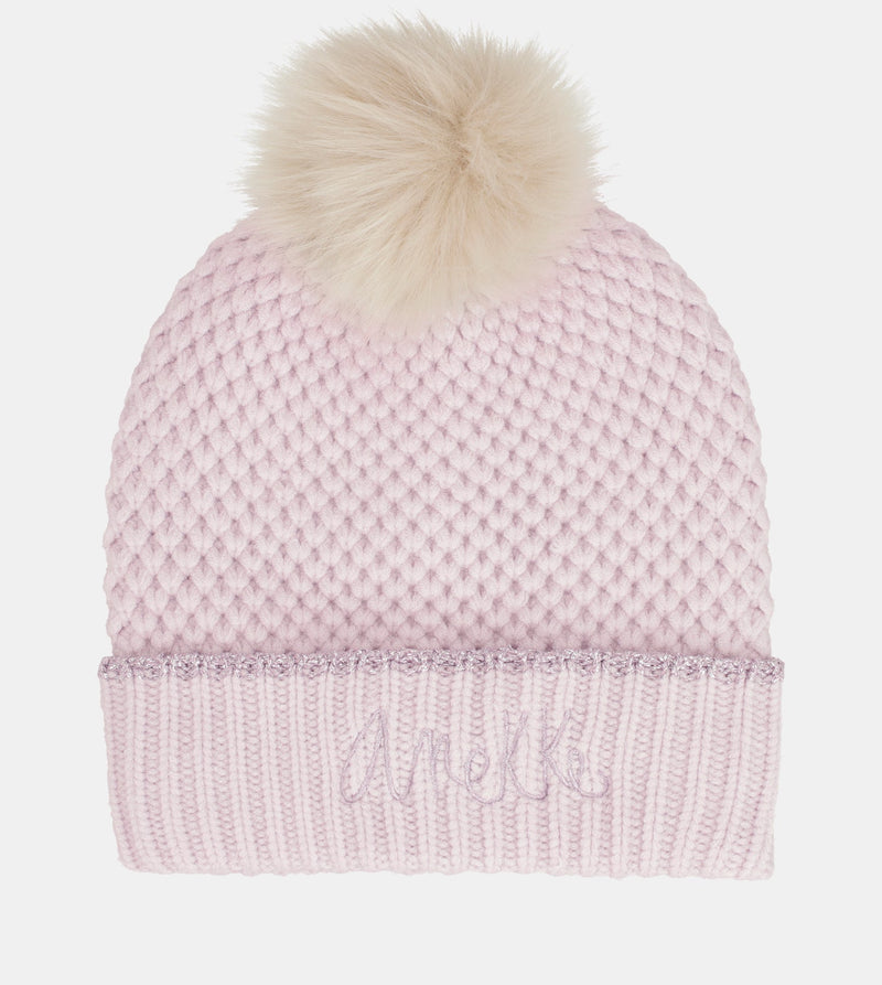 Knitted beanie with pink pompom