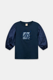 Navy-blue puff-sleeve T-shirt