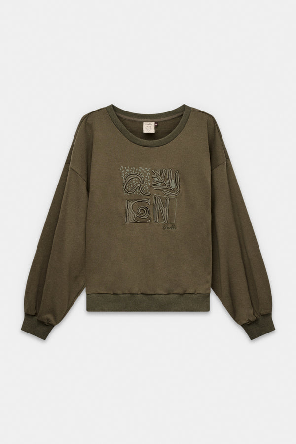 Army-green long-sleeve sweatshirt
