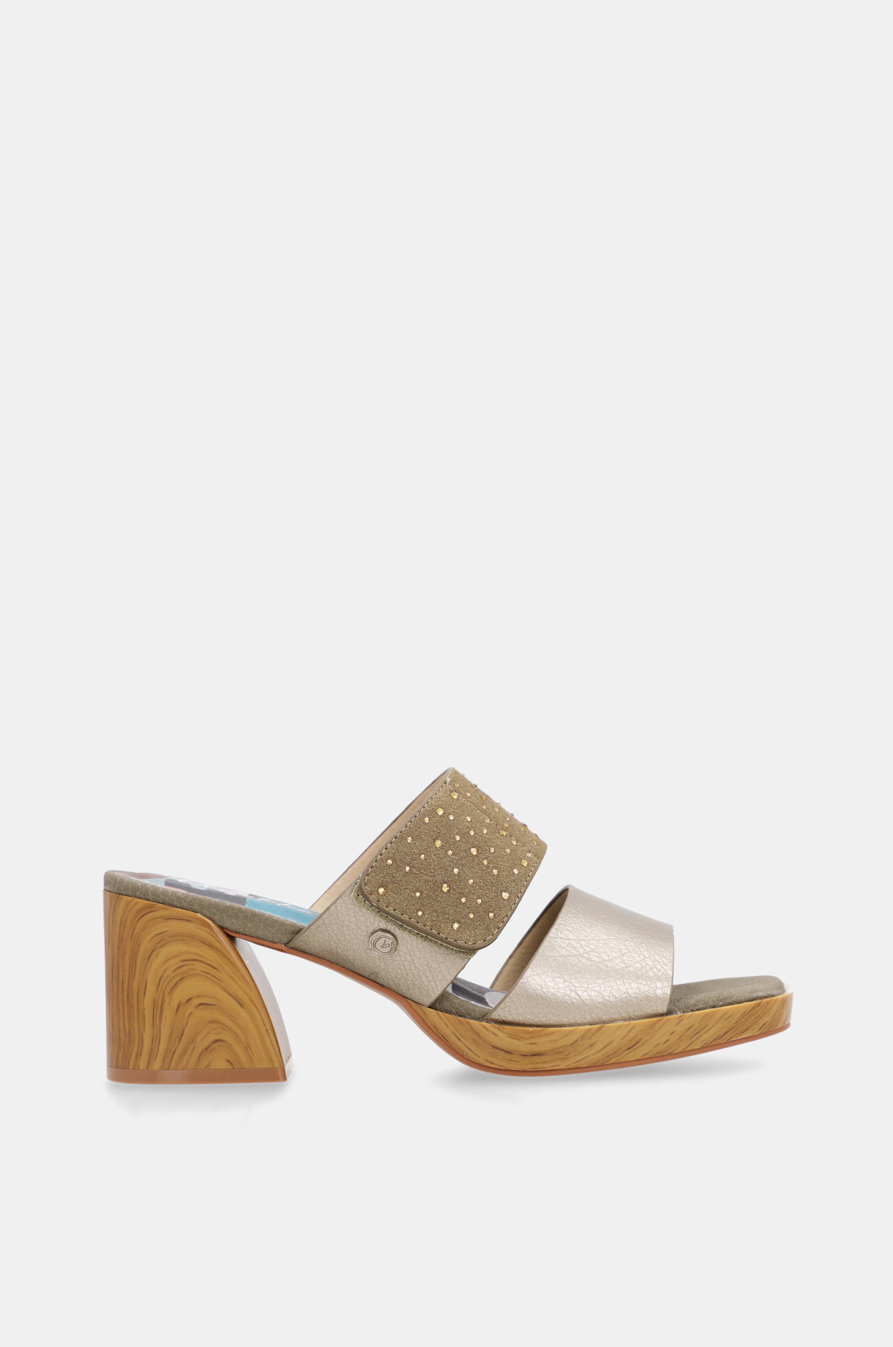 Green and gold heeled sandals with rhinestones