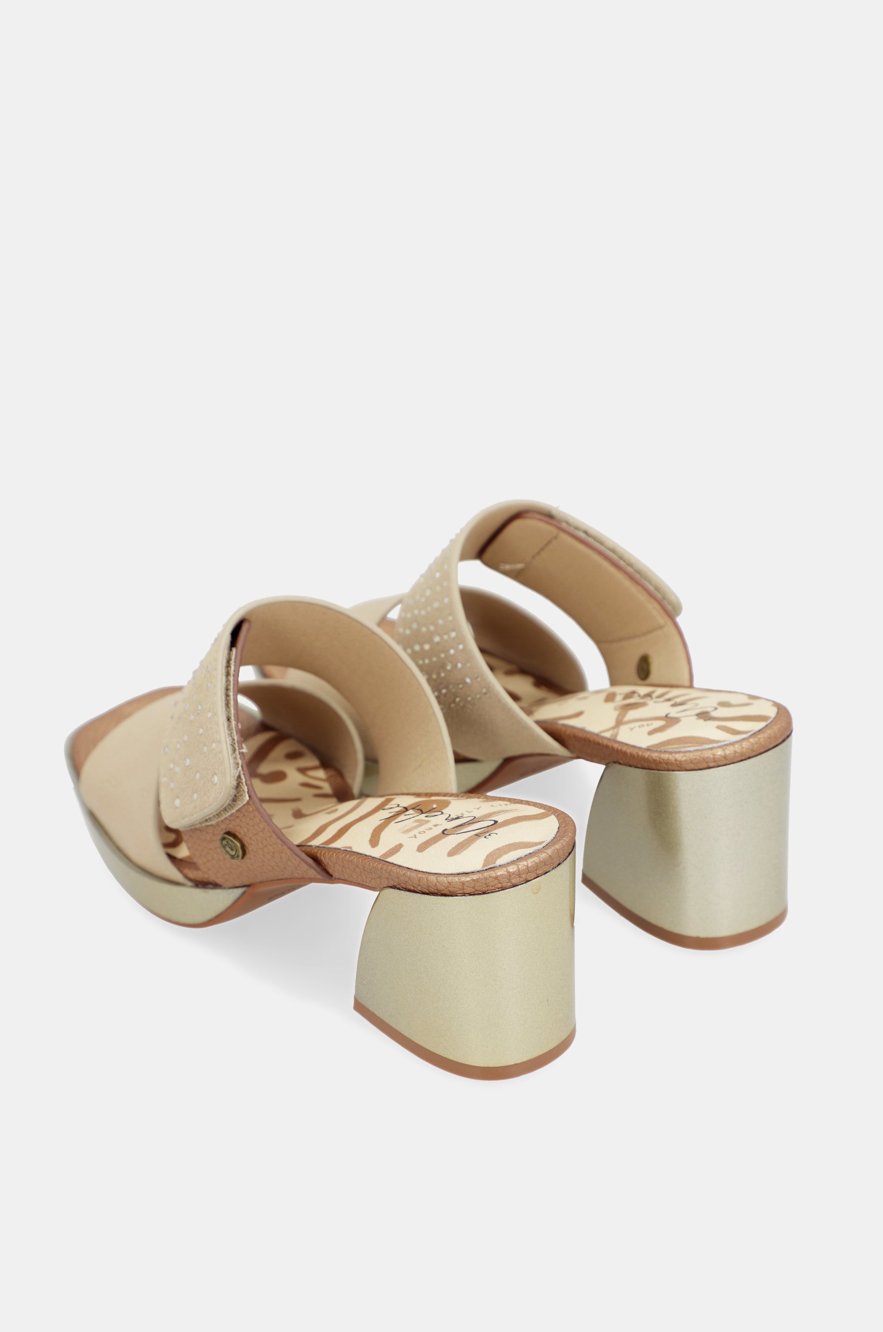 Beige heeled sandals with rhinestones