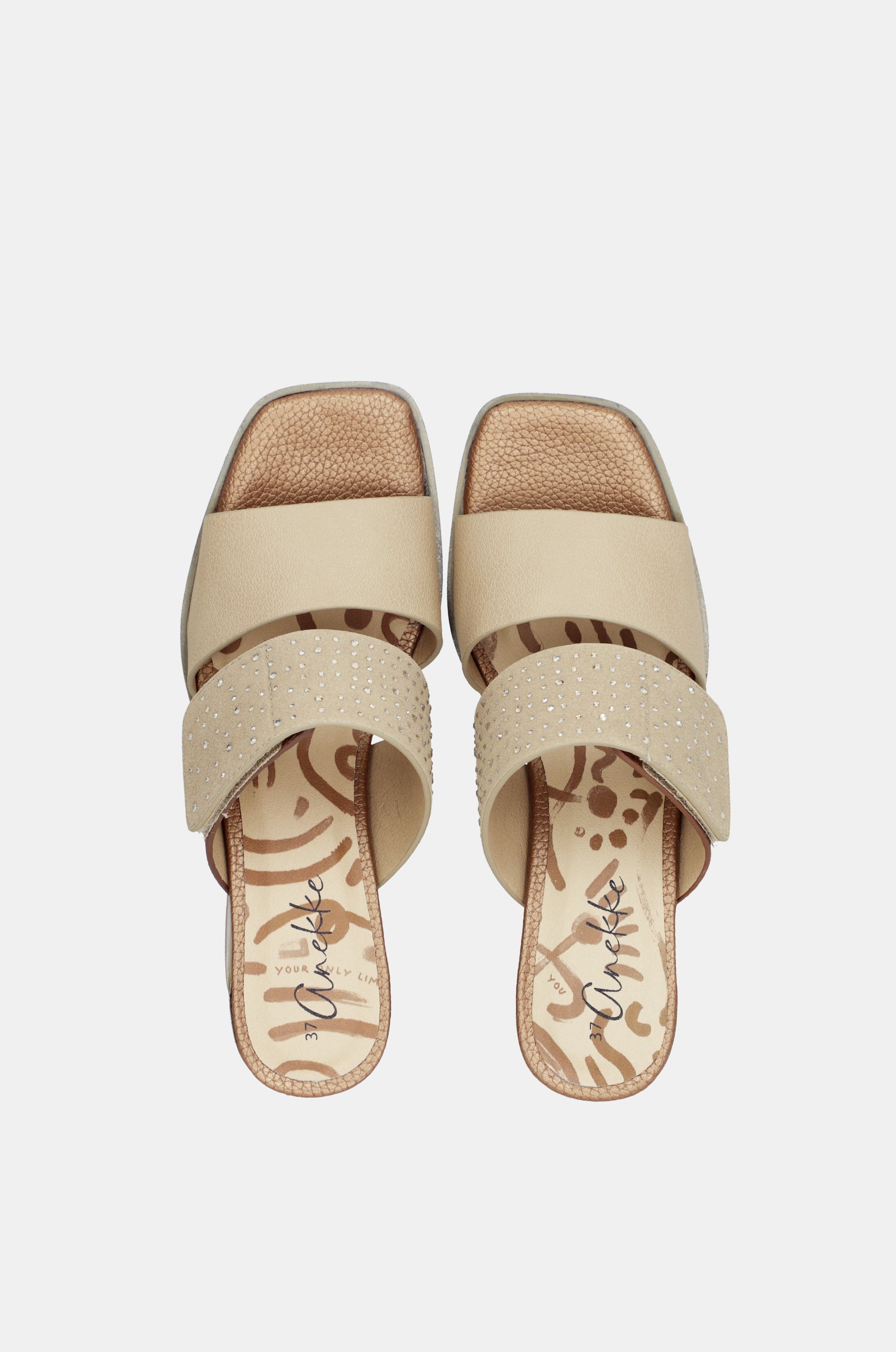 Beige heeled sandals with rhinestones