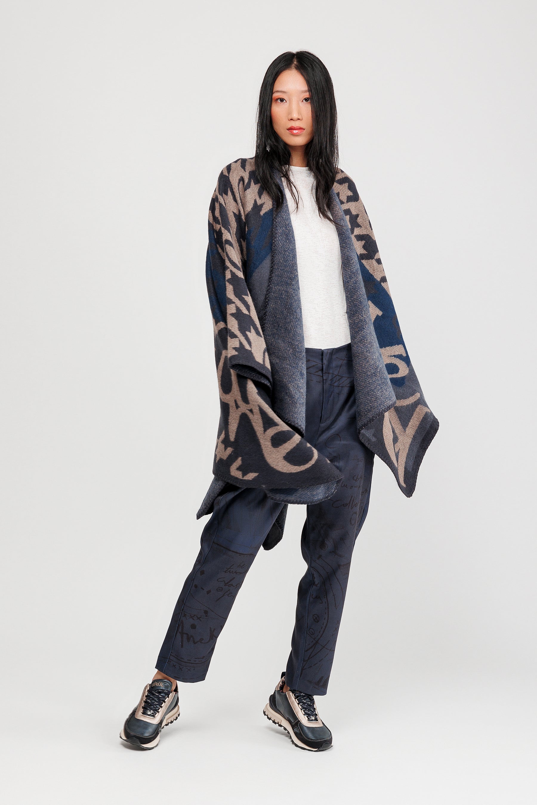 Blue & beige poncho