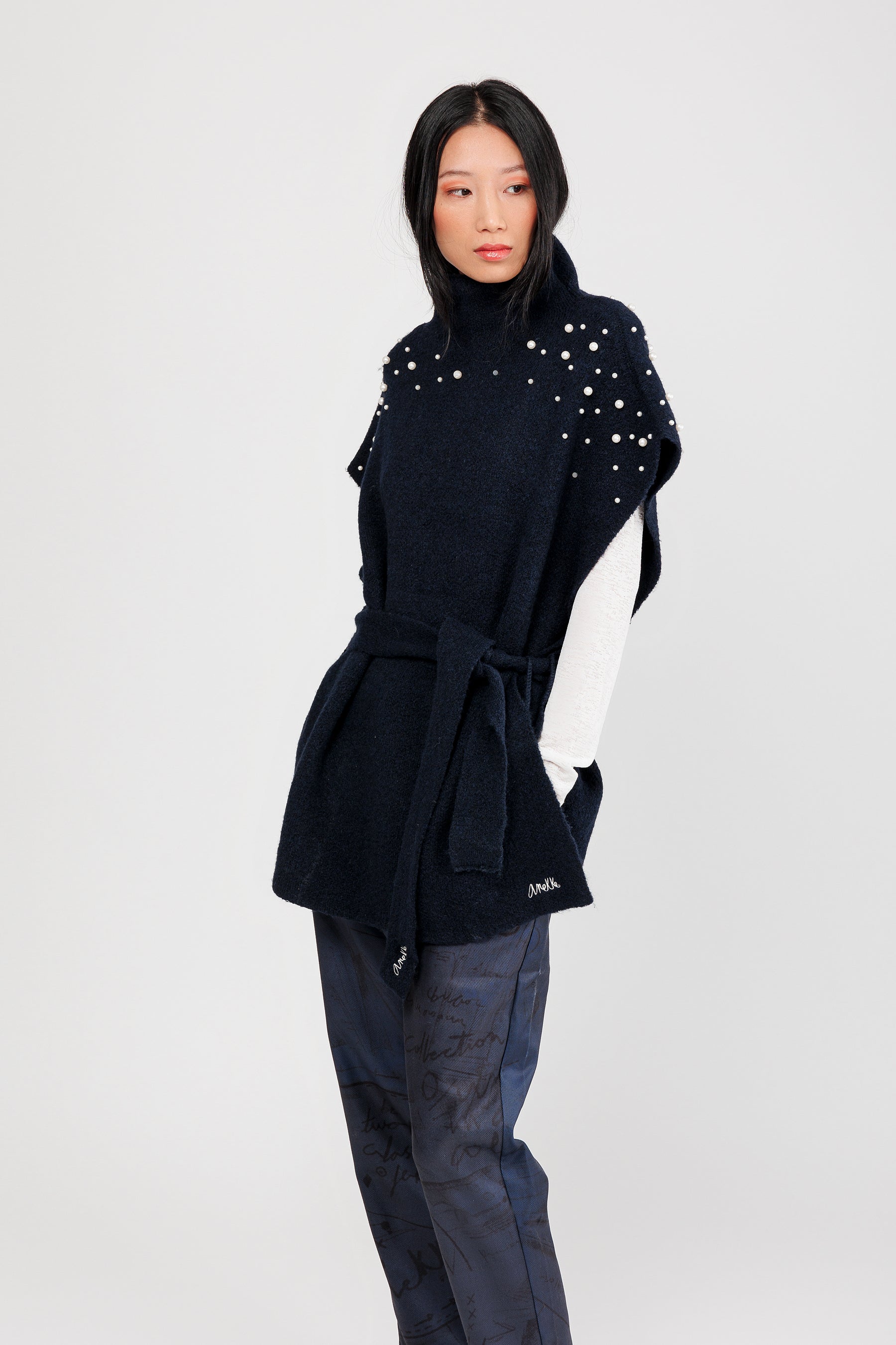 Blue belted turtleneck poncho