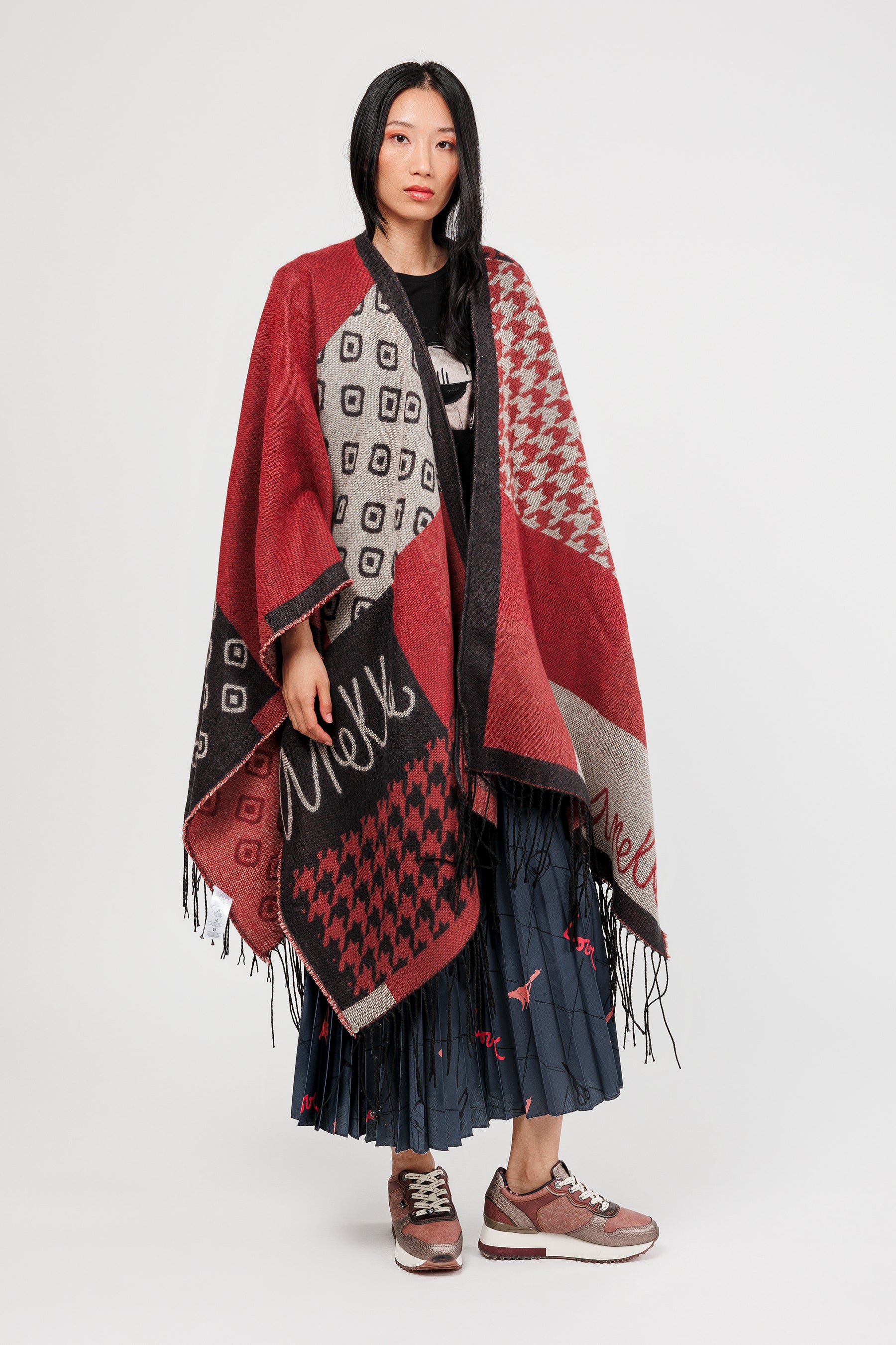 Burgundy, blue & beige fringed poncho