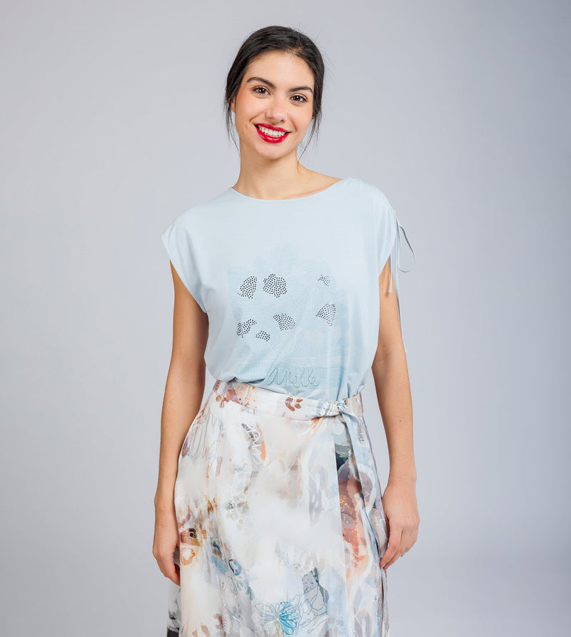 Blue one-shoulder ruched T-shirt