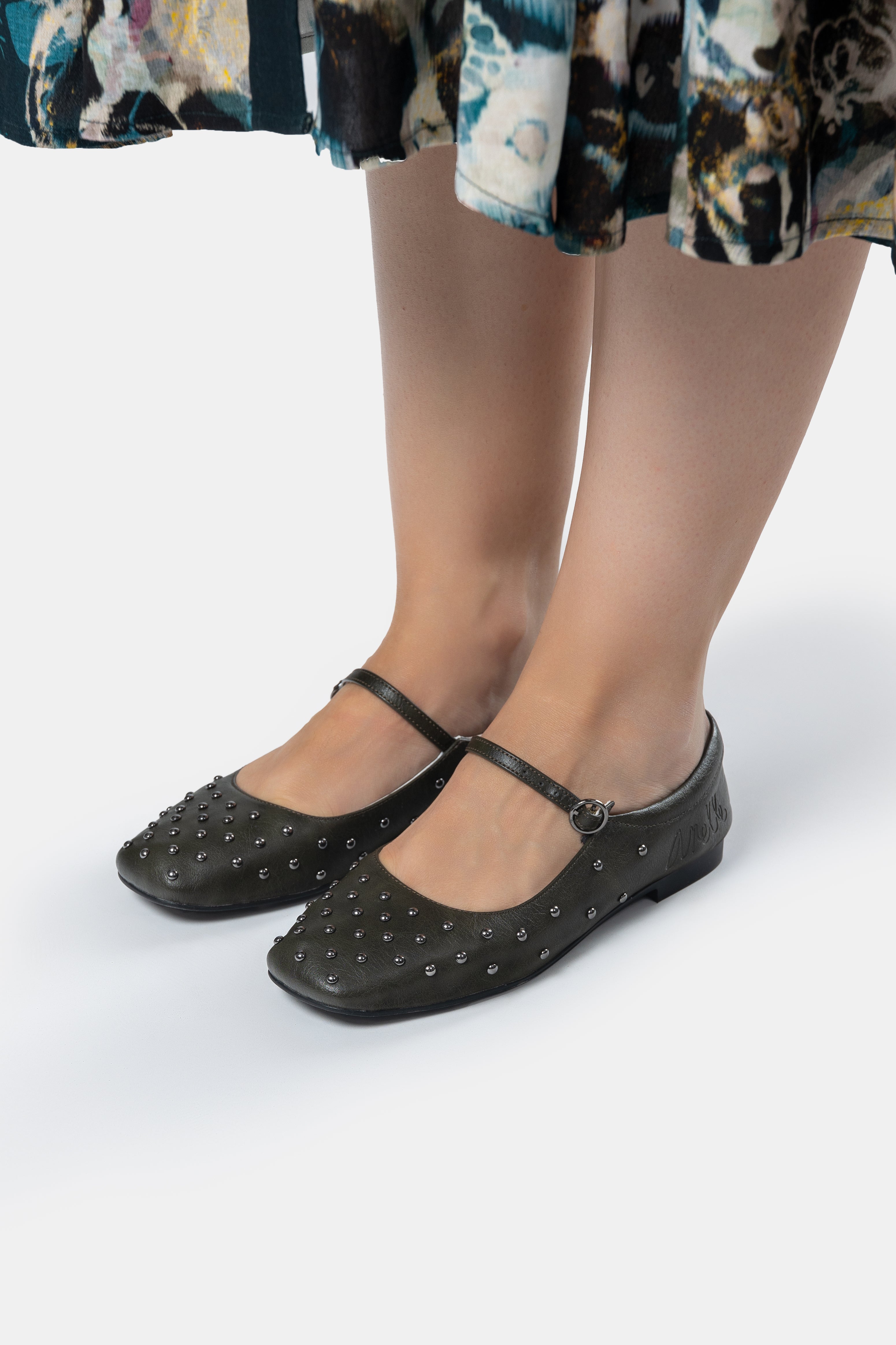 Khaki green studded ballerinas