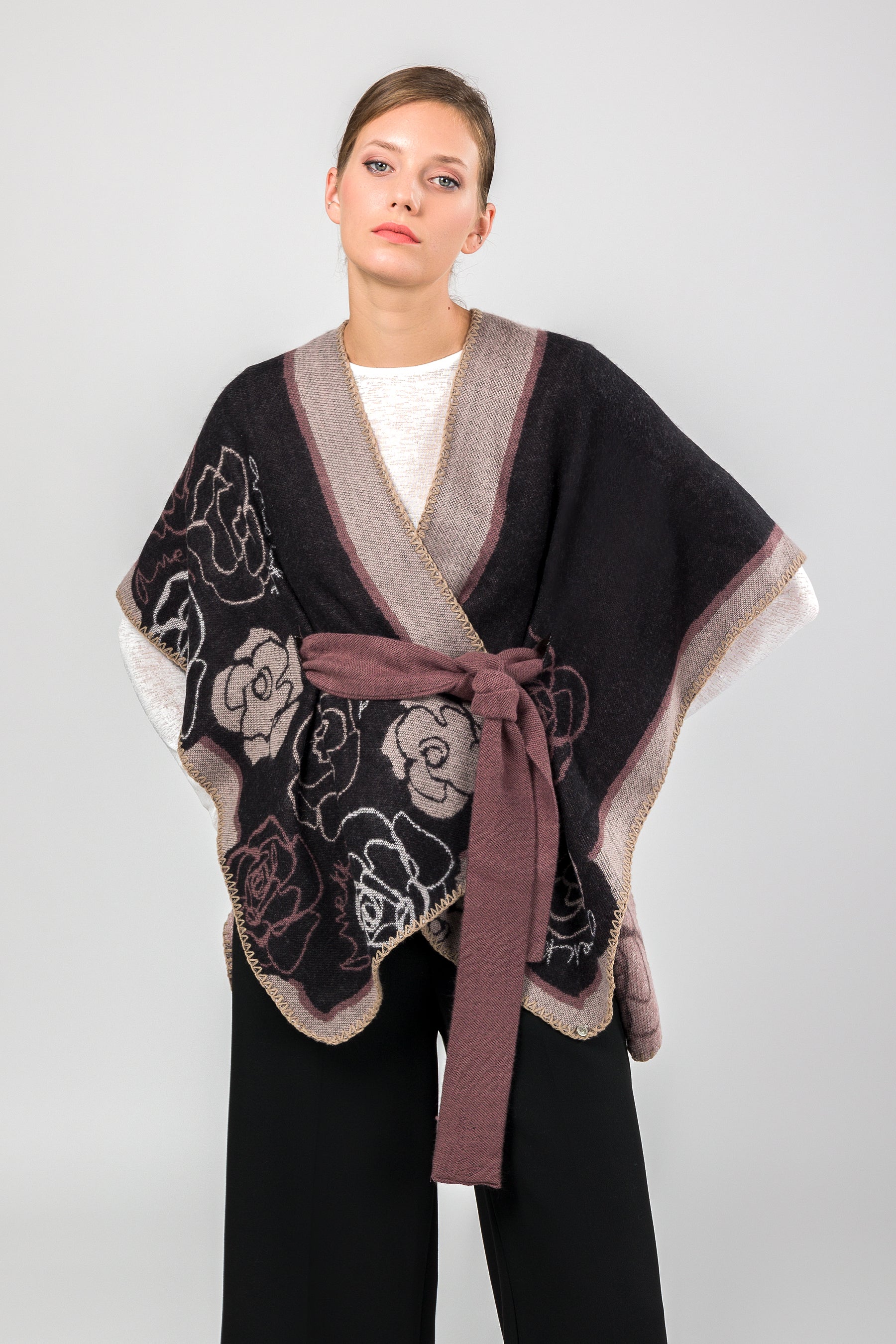 Pink & black belted poncho