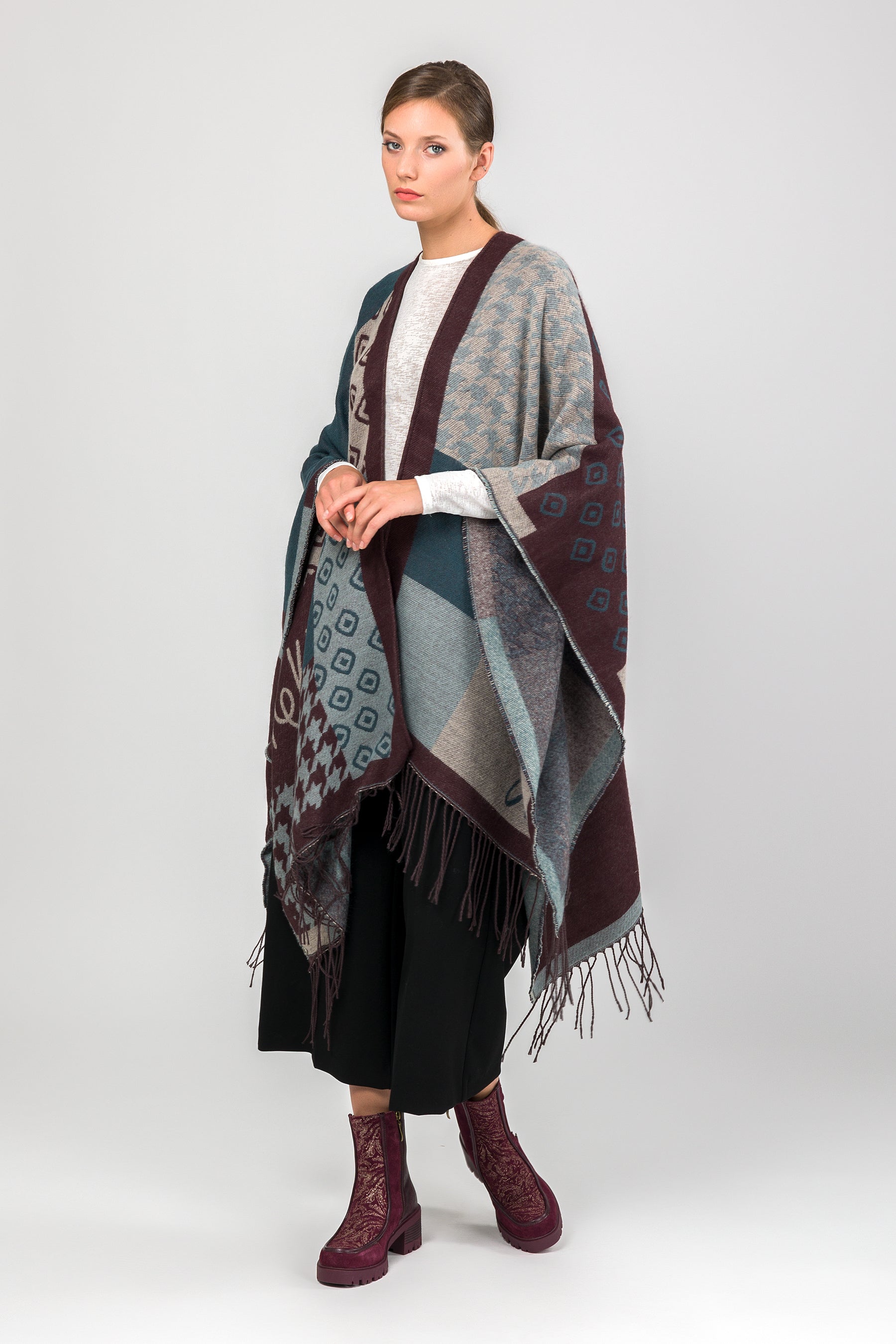 Petrol blue & beige fringed poncho