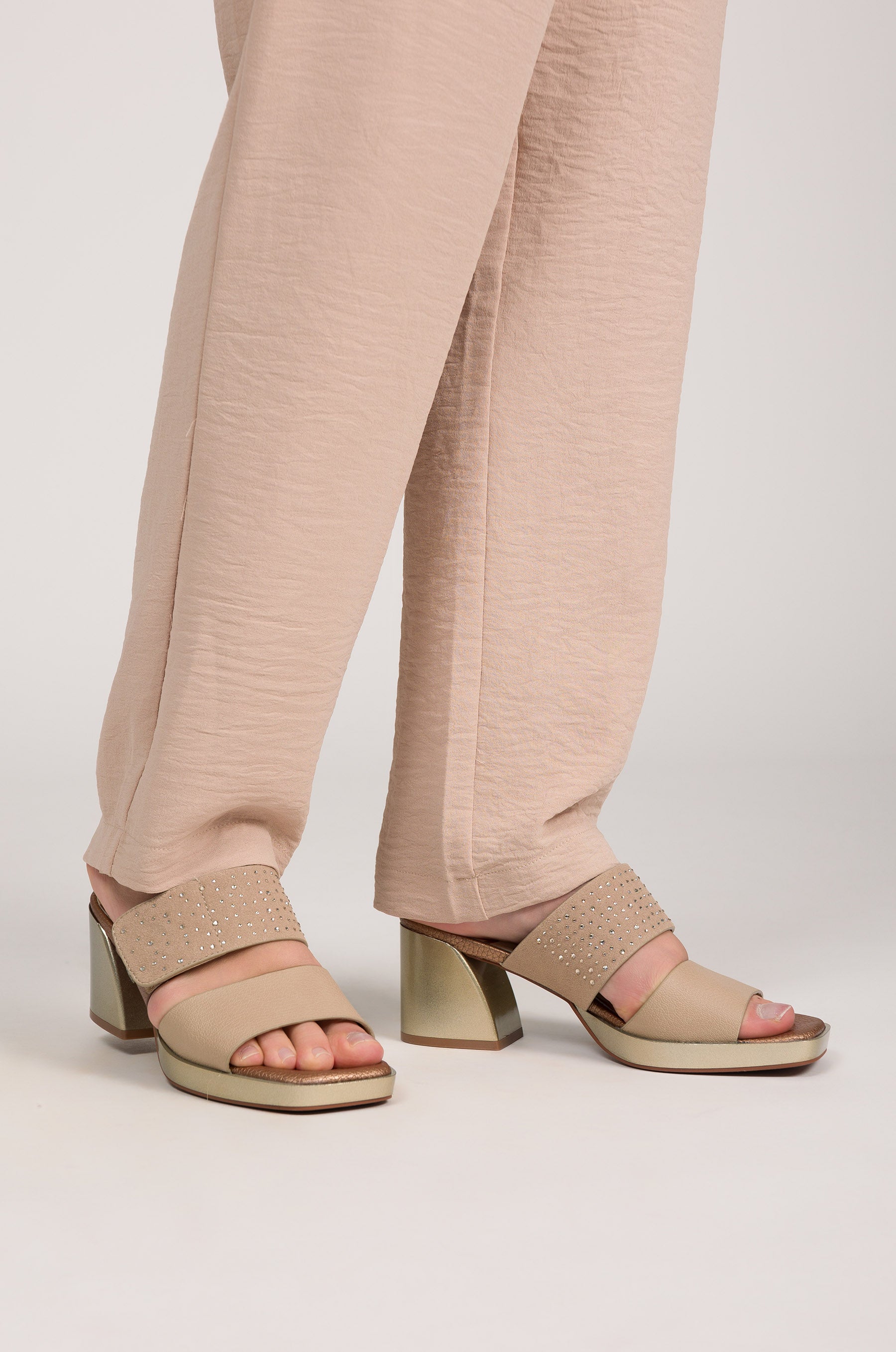 Beige heeled sandals with rhinestones