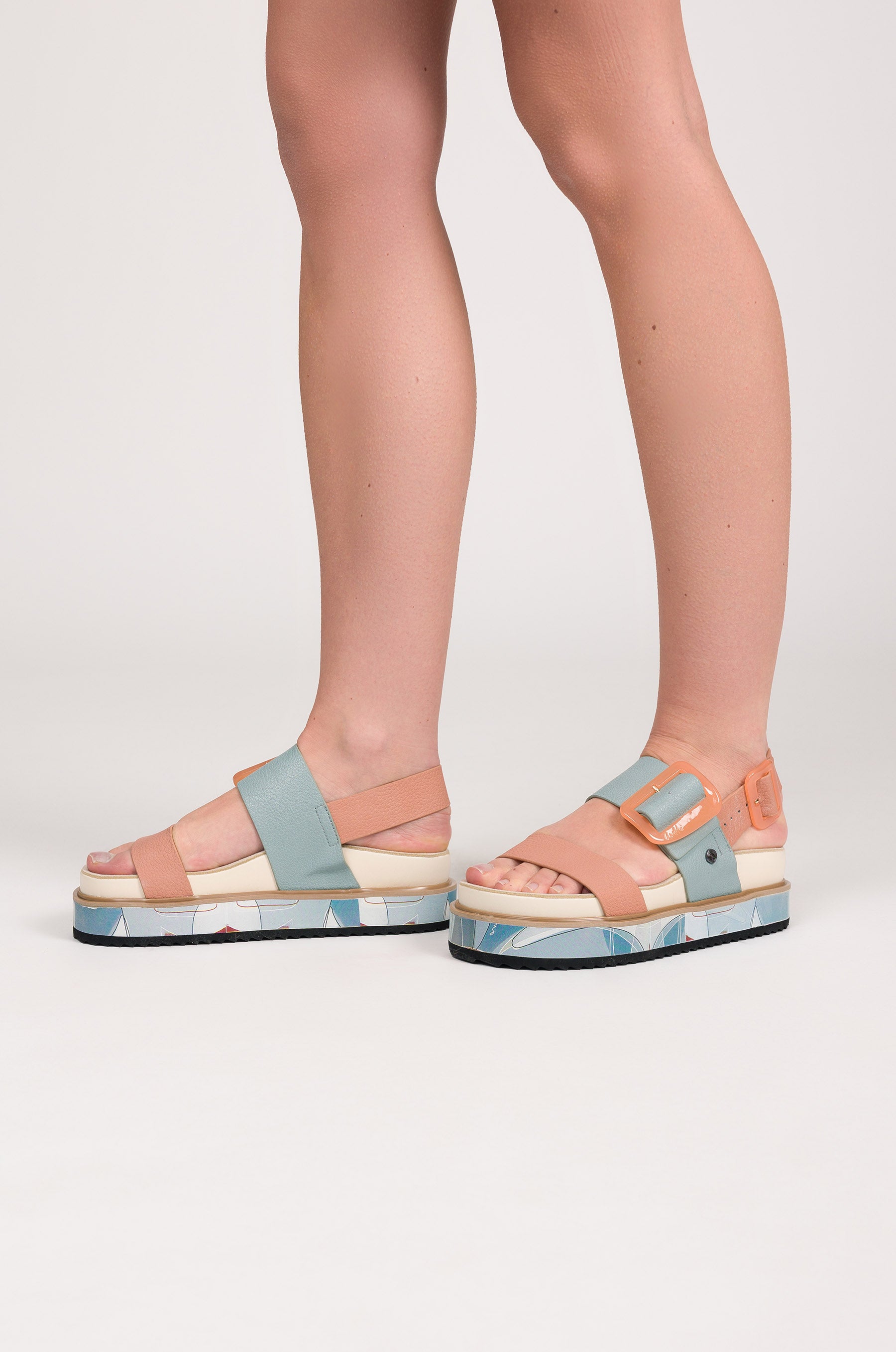 Blue and pink-orange platform sandals