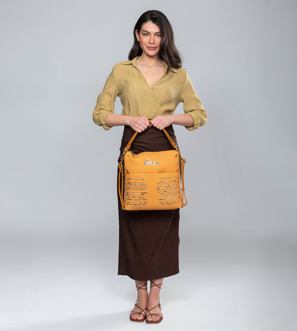 Nature Pachamama convertible ochre bag into a backpack