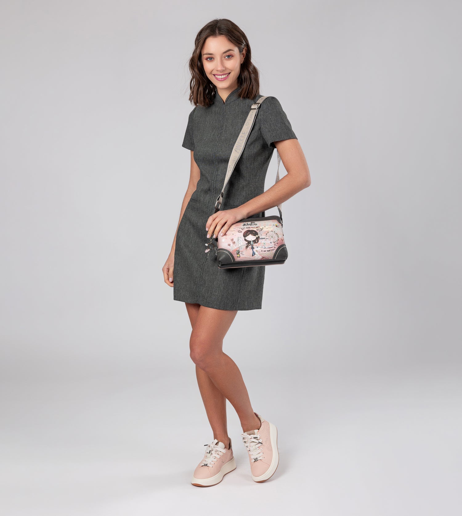 Peace & Love pink 2-compartment crossbody bag